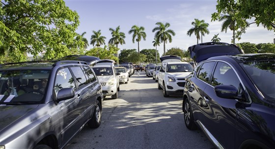 Cars lines up at distribution, reflecting increase in food insecurity.