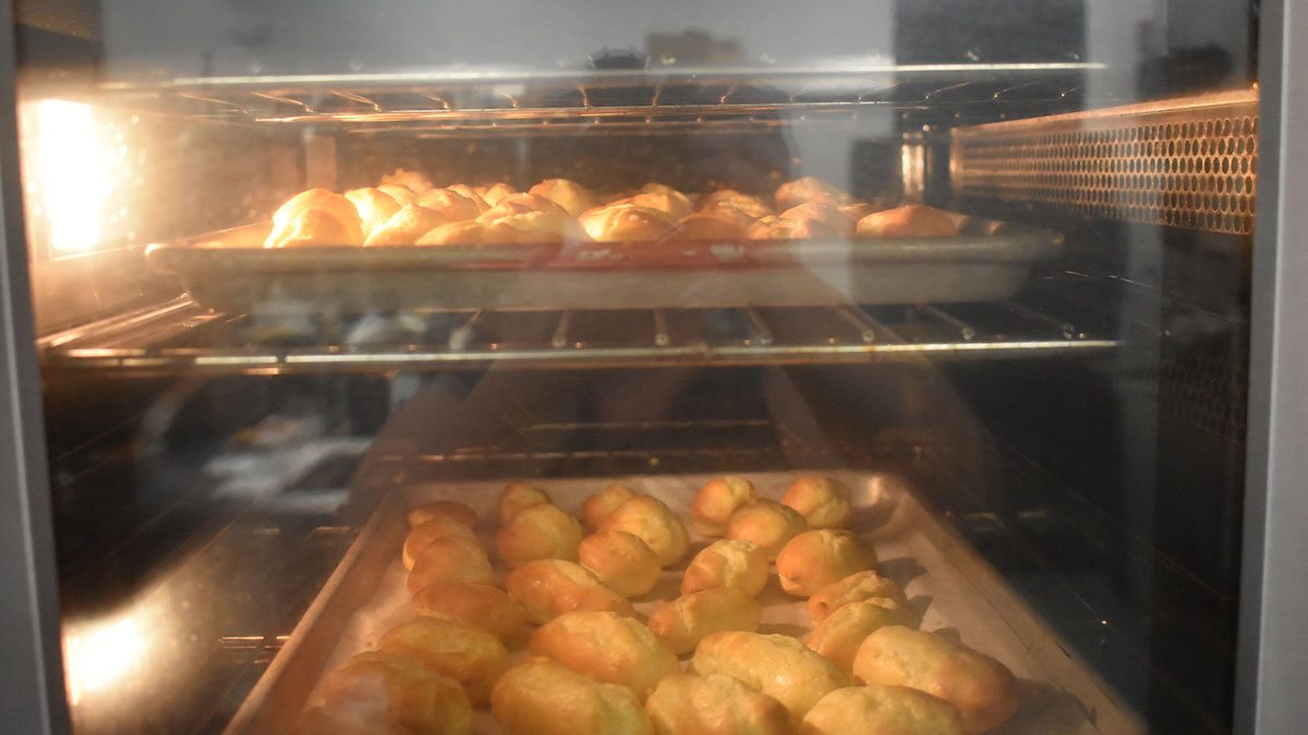 Cookies in an oven.