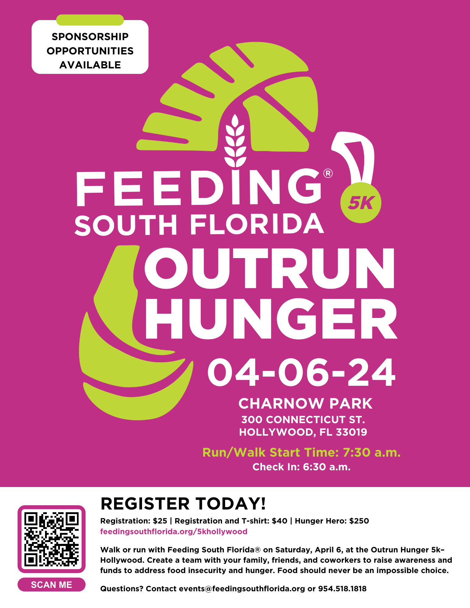 Flyer for event 'Outrun Hunger' on 4-06-24 at Charnow Park.